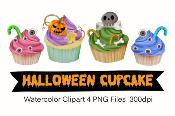 4 Cupcakes Halloween Watercolor Clipart and Illustrations