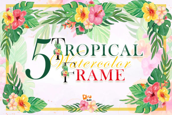 5 Watercolour Tropical Floral Frame and Illustrations