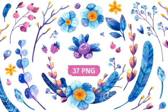 Blue Flowers, Watercolor Clipart and Illustrations