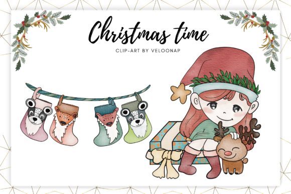 Christmas Girl and Reindeer Watercolor Illustrations