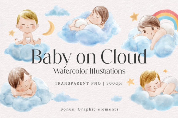 Cute Baby on Cloud Watercolor Set: Whimsical Illustrations