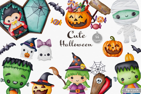 Cute Halloween Watercolor Clip-art and Illustrations