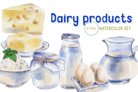 Dairy Products Watercolour Clipart and Illustrations