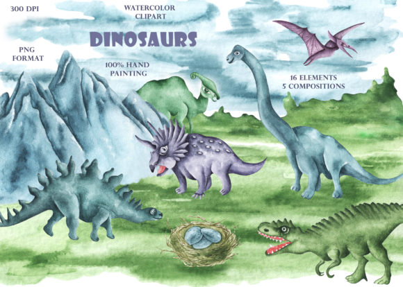 Dinosaur Watercolor Clipart. Dino. Baby. Illustrations