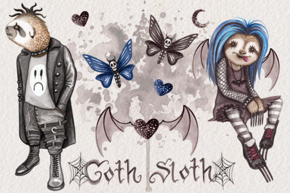 Goth Sloths Watercolor Clip Art and Illustrations