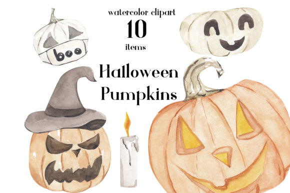 Halloween Pumpkins Clipart, Watercolor Illustrations