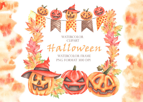 Halloween Watercolor Frame. Pumpkins