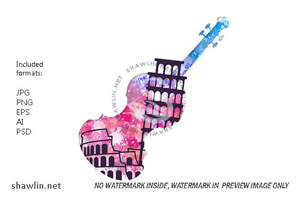 Italy and Jazz Music Watercolor Doodle Illustrations