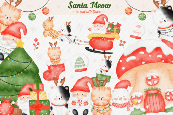 Merry Christmas Cats Watercolor Clipart