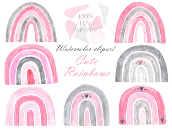Pink Rainbow Watercolor Clipart. Illustrations