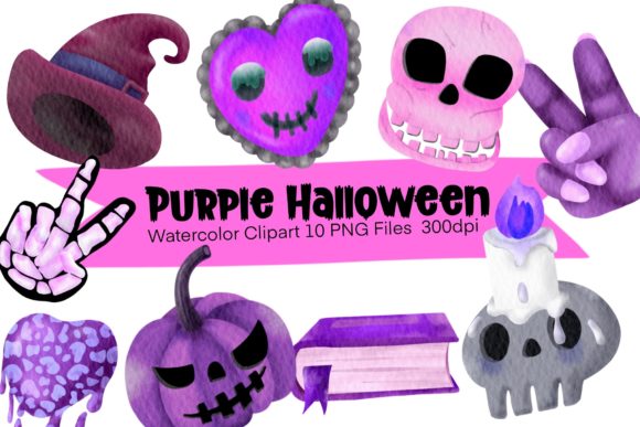 Purple Halloween Watercolor Clipart and Illustrations