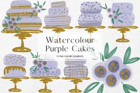 Purple Watercolour and Glitter Cakes Illustrations