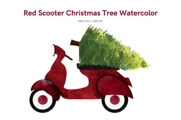 Red Scooter Christmas Tree Watercolor Illustrations