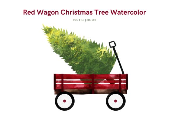 Red Wagon Christmas Tree Watercolor Illustrations
