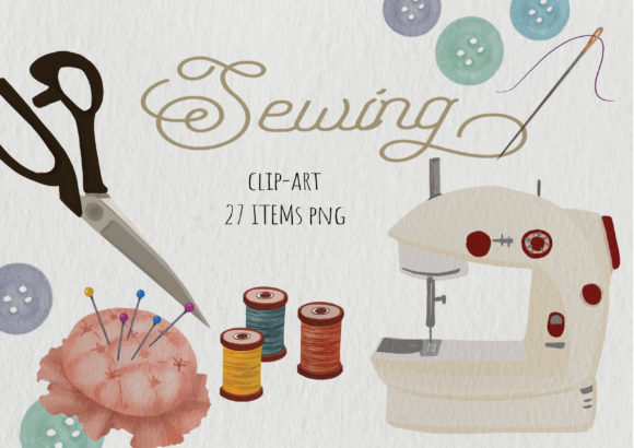 Sewing Clipart Watercolor Digital Files