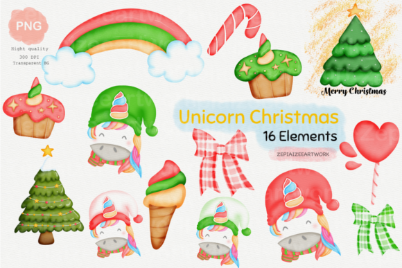 Unicorn Christmas Clipart Watercolor Illustrations