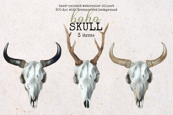 Watercolor Boho Bull Skull Illustrations