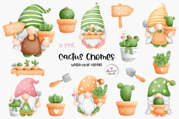 Watercolor Cactus Gnome Clipart and Illustrations