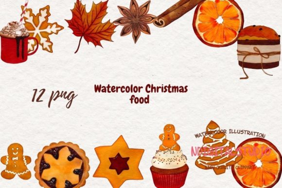 Watercolor Christmas Food Element Png for Illustrations