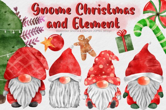 Watercolor Christmas Gnome Element and Illustrations