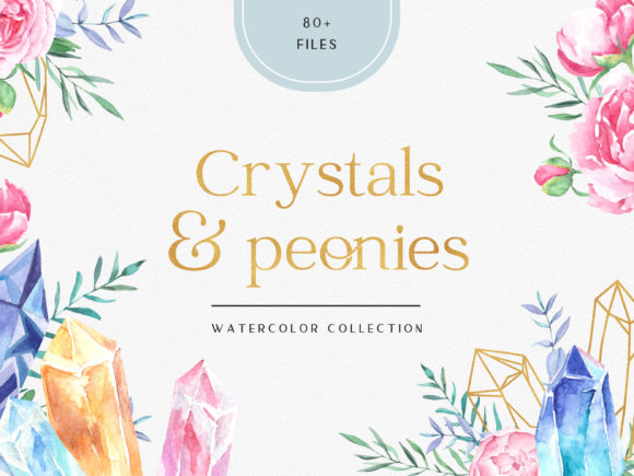 Watercolor Crystals and Peonies Set Illustrations