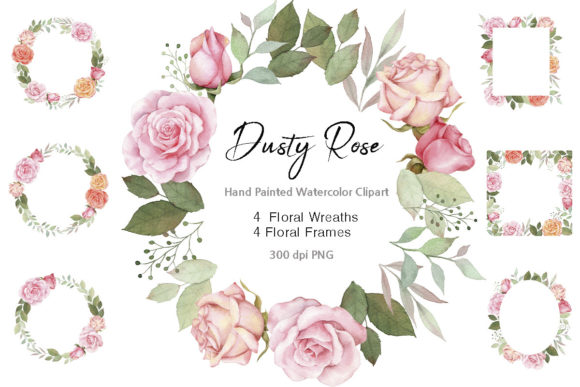 Watercolor Dusty Rose Wreath Clipart and Illustrations