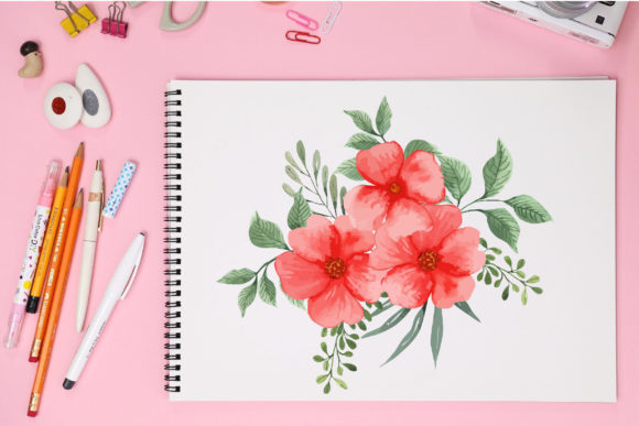 Watercolor Elegant Red Flowers Bouquet Illustrations