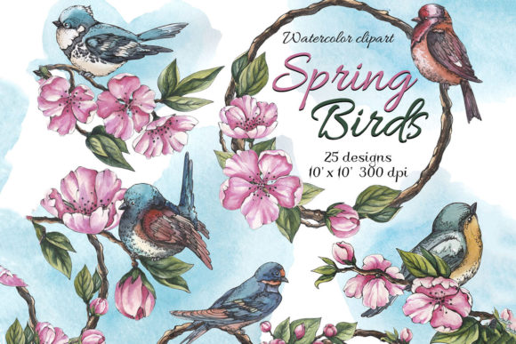 Watercolor Flowers and Birds Clipart Illustrations
