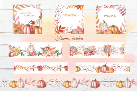 Watercolor Frames, Borders: Autumn Pumpkin Illustrations