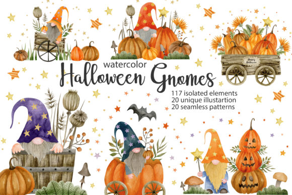Watercolor Gnomes Halloween Collection Illustrations