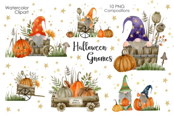 Watercolor Halloween Gnomes Clipart and Illustrations