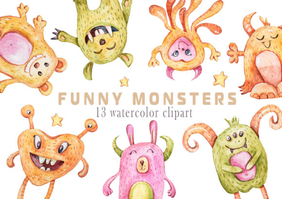 Watercolor Halloween Monsters Clipart and Illustrations