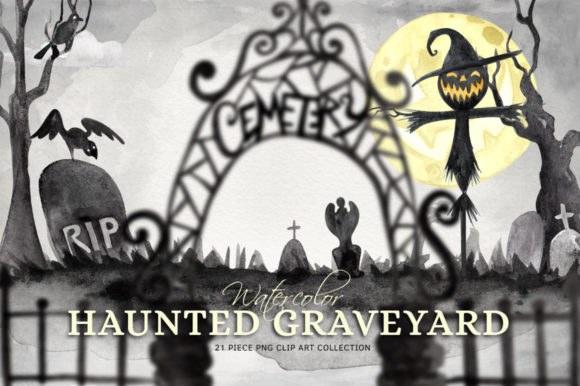 Watercolor Haunted Graveyard Illustrations