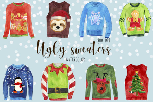 Watercolor Ugly Sweaters Clipart and Illustrations