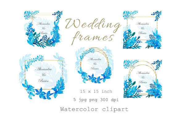 Watercolor Wedding Frames of Gold,blue. Illustrations