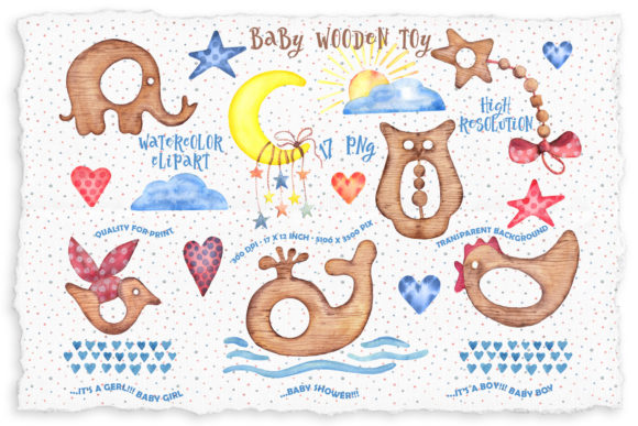 Watercolor Wooden Baby Toys Clipart and Illustrations